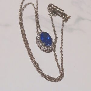 Big Blue Sapphire Surrounded By White Sterling Setting/Chain